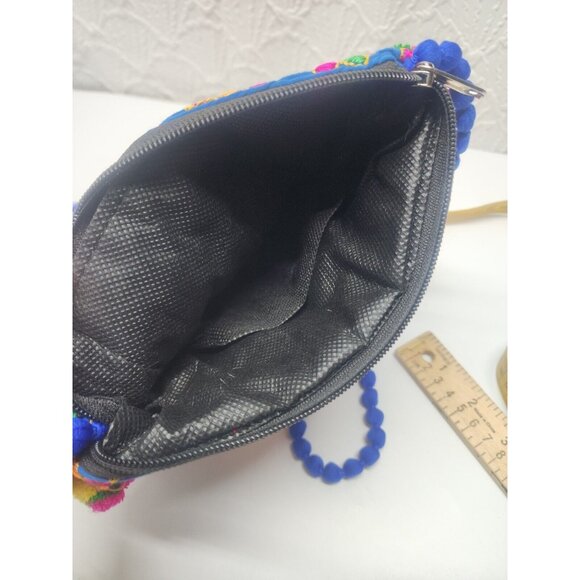 Multicolored Embroidered India Purse PomPoms Zip Closure Bright Colorful... - Picture 4 of 6